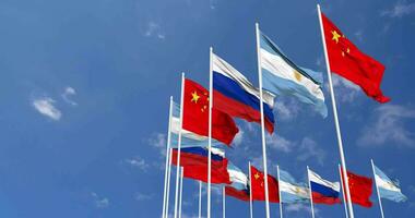 Argentina, China and Russia Flags Waving Together in the Sky, Seamless Loop in Wind, Space on Left Side for Design or Information, 3D Rendering video