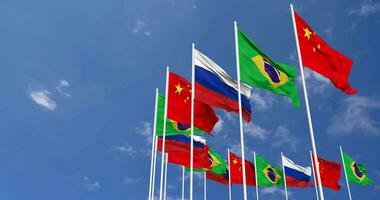 Brazil, China and Russia Flags Waving Together in the Sky, Seamless Loop in Wind, Space on Left Side for Design or Information, 3D Rendering video