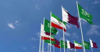 Qatar, Iran and KSA, Kingdom of Saudi Arabia Flags Waving Together in the Sky, Seamless Loop in Wind, Space on Left Side for Design or Information, 3D Rendering video