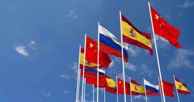 Spain, China and Russia Flags Waving Together in the Sky, Seamless Loop in Wind, Space on Left Side for Design or Information, 3D Rendering video