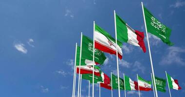 Italy, Iran and KSA, Kingdom of Saudi Arabia Flags Waving Together in the Sky, Seamless Loop in Wind, Space on Left Side for Design or Information, 3D Rendering video