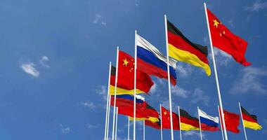 Germany, China and Russia Flags Waving Together in the Sky, Seamless Loop in Wind, Space on Left Side for Design or Information, 3D Rendering video