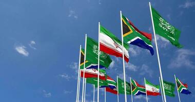 South Africa, Iran and KSA, Kingdom of Saudi Arabia Flags Waving Together in the Sky, Seamless Loop in Wind, Space on Left Side for Design or Information, 3D Rendering video