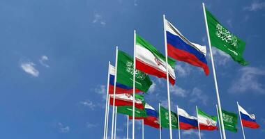 Russia, Iran and KSA, Kingdom of Saudi Arabia Flags Waving Together in the Sky, Seamless Loop in Wind, Space on Left Side for Design or Information, 3D Rendering video