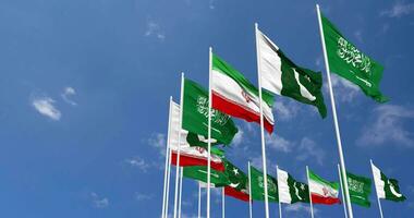 Pakistan, Iran and KSA, Kingdom of Saudi Arabia Flags Waving Together in the Sky, Seamless Loop in Wind, Space on Left Side for Design or Information, 3D Rendering video