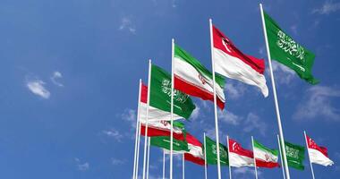 Singapore, Iran and KSA, Kingdom of Saudi Arabia Flags Waving Together in the Sky, Seamless Loop in Wind, Space on Left Side for Design or Information, 3D Rendering video