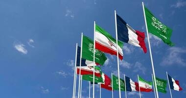 France, Iran and KSA, Kingdom of Saudi Arabia Flags Waving Together in the Sky, Seamless Loop in Wind, Space on Left Side for Design or Information, 3D Rendering video