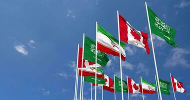 Canada, Iran and KSA, Kingdom of Saudi Arabia Flags Waving Together in the Sky, Seamless Loop in Wind, Space on Left Side for Design or Information, 3D Rendering video