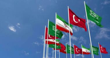 Turkey, Iran and KSA, Kingdom of Saudi Arabia Flags Waving Together in the Sky, Seamless Loop in Wind, Space on Left Side for Design or Information, 3D Rendering video