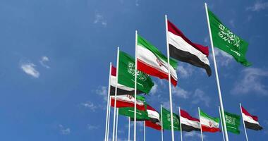 Yemen, Iran and KSA, Kingdom of Saudi Arabia Flags Waving Together in the Sky, Seamless Loop in Wind, Space on Left Side for Design or Information, 3D Rendering video