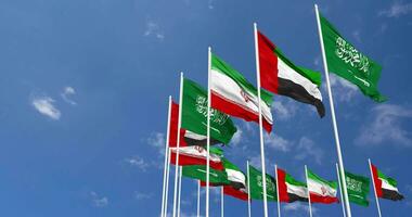 United Arab Emirates, Iran and KSA, Kingdom of Saudi Arabia Flags Waving Together in the Sky, Seamless Loop in Wind, Space on Left Side for Design or Information, 3D Rendering video