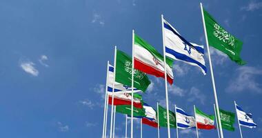 Israel, Iran and KSA, Kingdom of Saudi Arabia Flags Waving Together in the Sky, Seamless Loop in Wind, Space on Left Side for Design or Information, 3D Rendering video