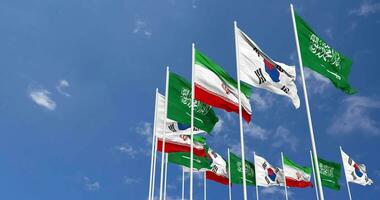 South Korea, Iran and KSA, Kingdom of Saudi Arabia Flags Waving Together in the Sky, Seamless Loop in Wind, Space on Left Side for Design or Information, 3D Rendering video