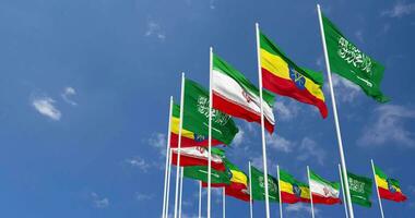 Ethiopia, Iran and KSA, Kingdom of Saudi Arabia Flags Waving Together in the Sky, Seamless Loop in Wind, Space on Left Side for Design or Information, 3D Rendering video