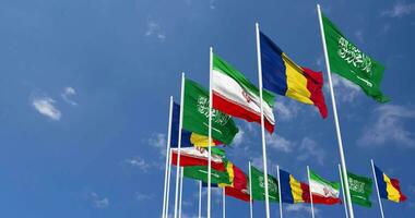 Romania, Iran and KSA, Kingdom of Saudi Arabia Flags Waving Together in the Sky, Seamless Loop in Wind, Space on Left Side for Design or Information, 3D Rendering video