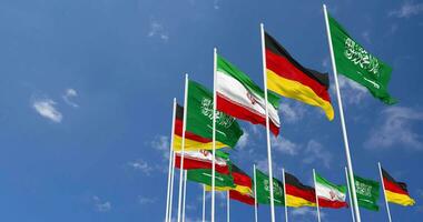 Germany, Iran and KSA, Kingdom of Saudi Arabia Flags Waving Together in the Sky, Seamless Loop in Wind, Space on Left Side for Design or Information, 3D Rendering video