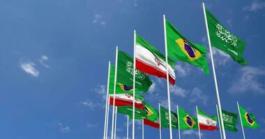 Brazil, Iran and KSA, Kingdom of Saudi Arabia Flags Waving Together in the Sky, Seamless Loop in Wind, Space on Left Side for Design or Information, 3D Rendering video