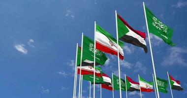 Sudan, Iran and KSA, Kingdom of Saudi Arabia Flags Waving Together in the Sky, Seamless Loop in Wind, Space on Left Side for Design or Information, 3D Rendering video