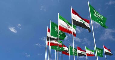 Iraq, Iran and KSA, Kingdom of Saudi Arabia Flags Waving Together in the Sky, Seamless Loop in Wind, Space on Left Side for Design or Information, 3D Rendering video