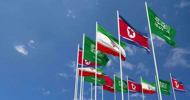 North Korea, Iran and KSA, Kingdom of Saudi Arabia Flags Waving Together in the Sky, Seamless Loop in Wind, Space on Left Side for Design or Information, 3D Rendering video