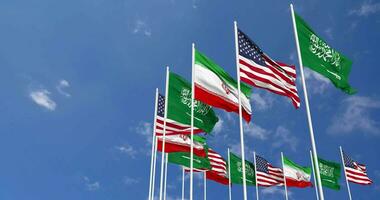 United States, Iran and KSA, Kingdom of Saudi Arabia Flags Waving Together in the Sky, Seamless Loop in Wind, Space on Left Side for Design or Information, 3D Rendering video