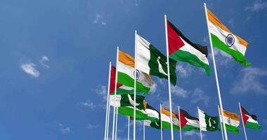 Índia, Palestina e Paquistão bandeiras acenando juntos dentro a céu, desatado ciclo dentro vento, espaço em esquerda lado para Projeto ou Informação, 3d Renderização video