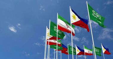 Philippines, Iran and KSA, Kingdom of Saudi Arabia Flags Waving Together in the Sky, Seamless Loop in Wind, Space on Left Side for Design or Information, 3D Rendering video