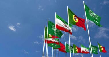 Portugal, Iran and KSA, Kingdom of Saudi Arabia Flags Waving Together in the Sky, Seamless Loop in Wind, Space on Left Side for Design or Information, 3D Rendering video