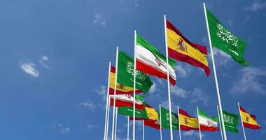 Spain Iran and KSA, Kingdom of Saudi Arabia Flags Waving Together in the Sky, Seamless Loop in Wind, Space on Left Side for Design or Information, 3D Rendering video