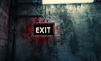 AI generated exit banner hang hanging on a wall with concrete background exit sign photo