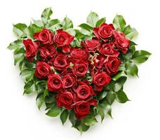 AI generated red roses in a heart shaped arrangement on a white background photo