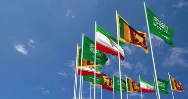 Sri Lanka, Iran and KSA, Kingdom of Saudi Arabia Flags Waving Together in the Sky, Seamless Loop in Wind, Space on Left Side for Design or Information, 3D Rendering video