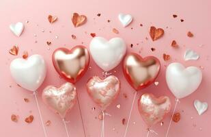 AI generated numerous heart shaped foil balloons on pink background photo