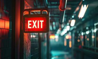 AI generated red exit sign hanging from a metal rod photo