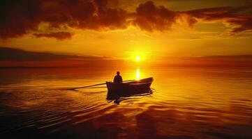 ai generado persona remo un barco a puesta de sol en hermosa cuerpo de agua foto