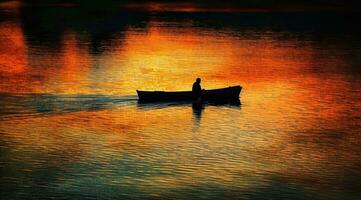 ai generado persona remo un barco a puesta de sol en hermosa cuerpo de agua foto