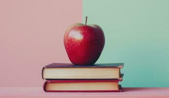 AI generated red apple on top of four books with background photo