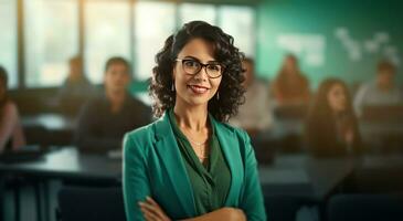 ai generado sonriente mujer en salón de clases foto