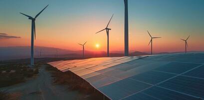 AI generated solar panels and wind turbines at sunset photo