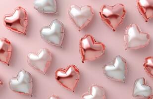 AI generated numerous heart shaped foil balloons on pink background photo