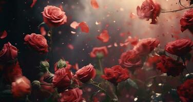 AI generated red roses falling out of the background photo