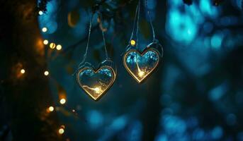 ai generado dos corazón forma colgando en un marco a noche en oscuro bosque foto