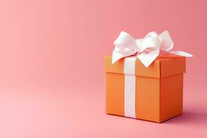 ai generado blanco grande naranja regalo caja en rosado rosado antecedentes foto