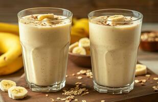 AI generated two glasses with banana smoothies photo