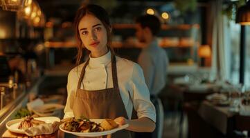 AI generated a beautiful waitress in full uniform in a white top bringing food photo