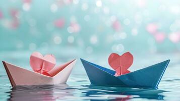 AI generated two paper boats with hearts inside the boat photo