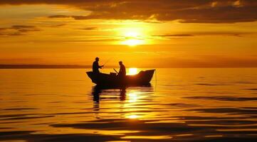 ai generado dos hombres pescar en un barco en el agua con atardecer, calmante simetría foto