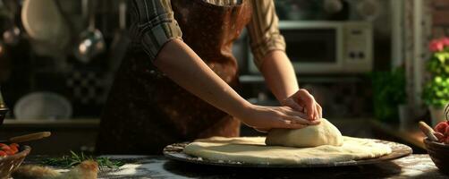 ai generado un cocinero preparando masa para Pizza foto