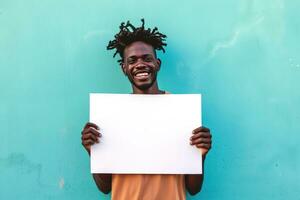 AI generated young black man holding blank print sign photo