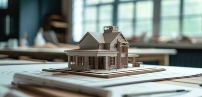 AI generated a model home sitting on a table with various architectural drawings, photo